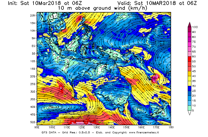 Mappa di analisi GFS - Velocità del vento a 10 metri dal suolo [km/h] in Oceania
							del 10/03/2018 06 <!--googleoff: index-->UTC<!--googleon: index-->