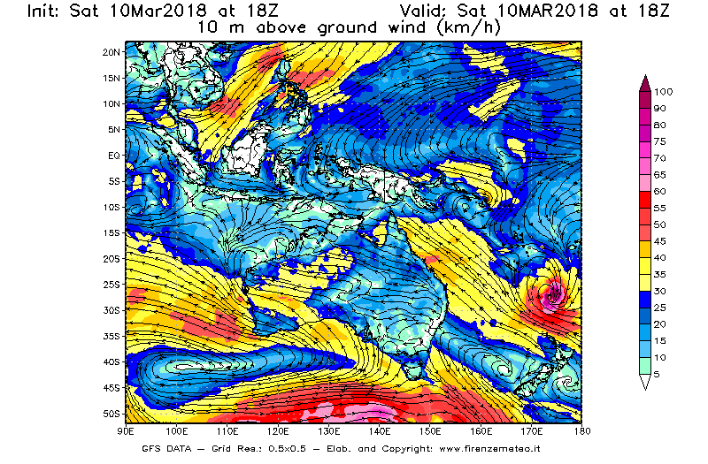 Mappa di analisi GFS - Velocità del vento a 10 metri dal suolo [km/h] in Oceania
							del 10/03/2018 18 <!--googleoff: index-->UTC<!--googleon: index-->