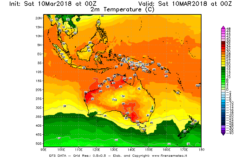 Mappa di analisi GFS - Temperatura a 2 metri dal suolo [°C] in Oceania
							del 10/03/2018 00 <!--googleoff: index-->UTC<!--googleon: index-->