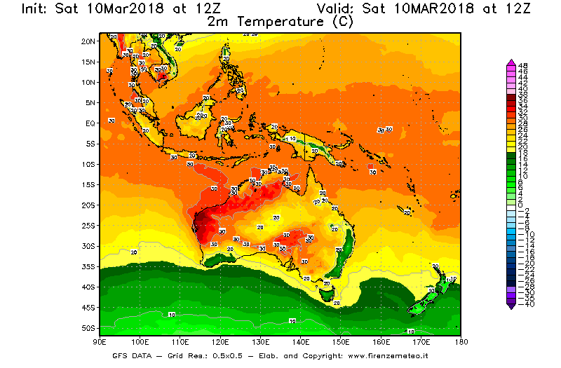 Mappa di analisi GFS - Temperatura a 2 metri dal suolo [°C] in Oceania
							del 10/03/2018 12 <!--googleoff: index-->UTC<!--googleon: index-->