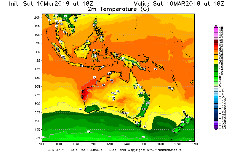 Mappa di analisi GFS - Temperatura a 2 metri dal suolo [°C] in Oceania
							del 10/03/2018 18 <!--googleoff: index-->UTC<!--googleon: index-->