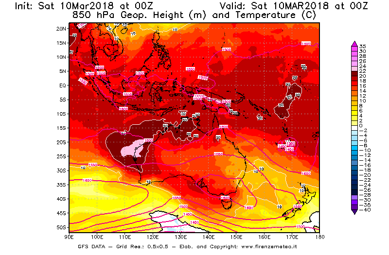Mappa di analisi GFS - Geopotenziale [m] e Temperatura [°C] a 850 hPa in Oceania
							del 10/03/2018 00 <!--googleoff: index-->UTC<!--googleon: index-->