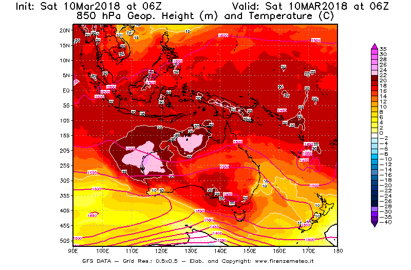 Mappa di analisi GFS - Geopotenziale [m] e Temperatura [°C] a 850 hPa in Oceania
							del 10/03/2018 06 <!--googleoff: index-->UTC<!--googleon: index-->