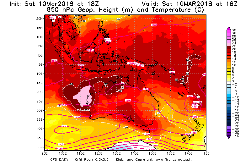 Mappa di analisi GFS - Geopotenziale [m] e Temperatura [°C] a 850 hPa in Oceania
							del 10/03/2018 18 <!--googleoff: index-->UTC<!--googleon: index-->
