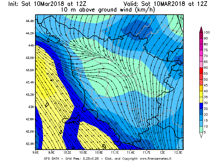 Mappa di analisi GFS - Velocità del vento a 10 metri dal suolo [km/h] in Toscana
							del 10/03/2018 12 <!--googleoff: index-->UTC<!--googleon: index-->
