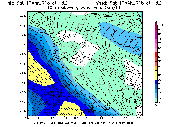 Mappa di analisi GFS - Velocità del vento a 10 metri dal suolo [km/h] in Toscana
							del 10/03/2018 18 <!--googleoff: index-->UTC<!--googleon: index-->