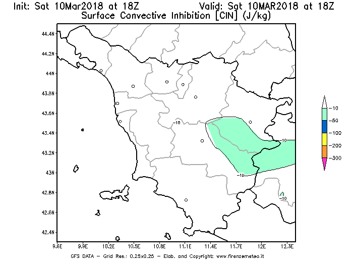 Mappa di analisi GFS - CIN [J/kg] in Toscana
							del 10/03/2018 18 <!--googleoff: index-->UTC<!--googleon: index-->