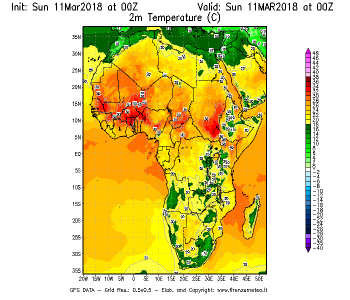 Mappa di analisi GFS - Temperatura a 2 metri dal suolo [°C] in Africa
									del 11/03/2018 00 <!--googleoff: index-->UTC<!--googleon: index-->