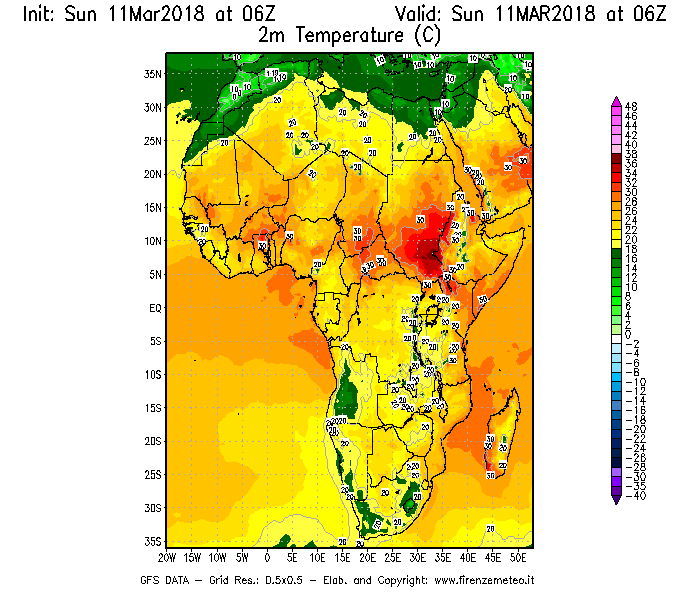Mappa di analisi GFS - Temperatura a 2 metri dal suolo [°C] in Africa
									del 11/03/2018 06 <!--googleoff: index-->UTC<!--googleon: index-->