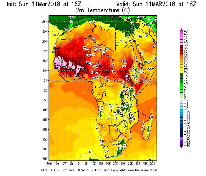 Mappa di analisi GFS - Temperatura a 2 metri dal suolo [°C] in Africa
							del 11/03/2018 18 <!--googleoff: index-->UTC<!--googleon: index-->