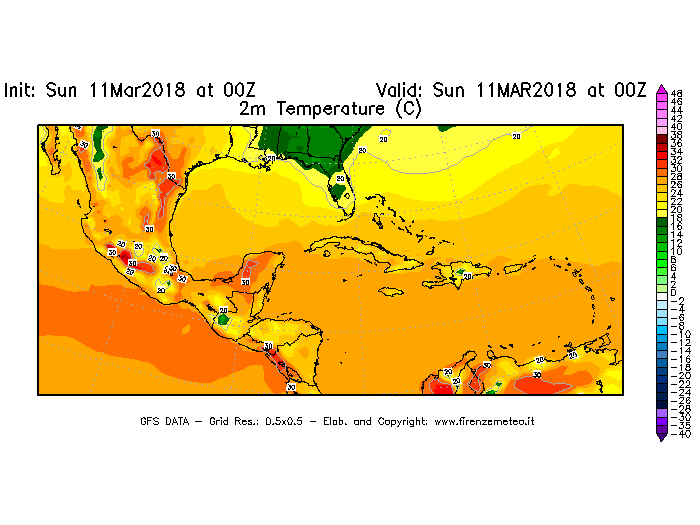 Mappa di analisi GFS - Temperatura a 2 metri dal suolo [°C] in Centro-America
									del 11/03/2018 00 <!--googleoff: index-->UTC<!--googleon: index-->