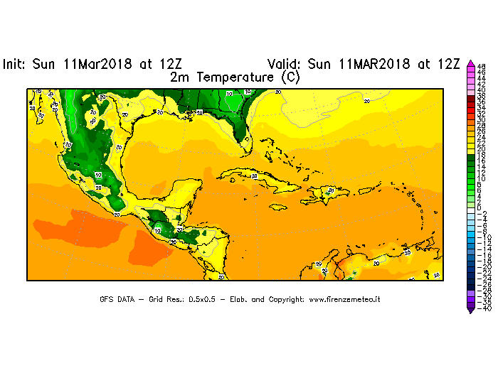 Mappa di analisi GFS - Temperatura a 2 metri dal suolo [°C] in Centro-America
							del 11/03/2018 12 <!--googleoff: index-->UTC<!--googleon: index-->