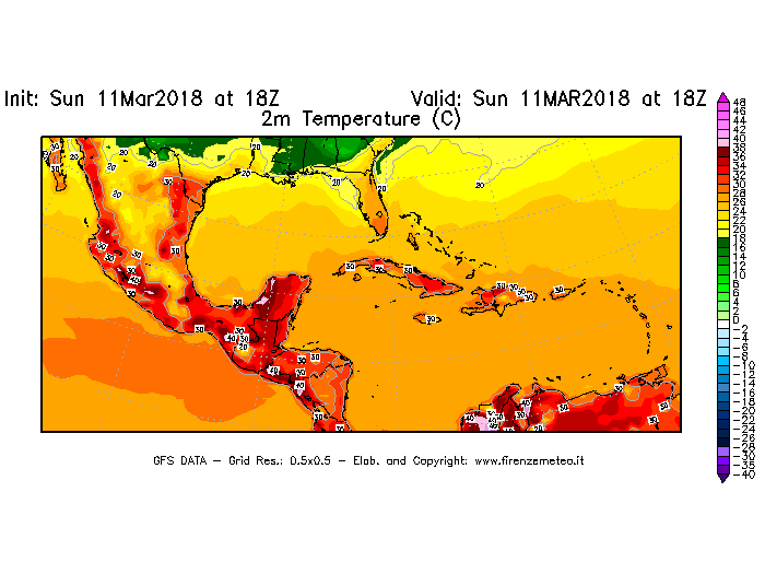 Mappa di analisi GFS - Temperatura a 2 metri dal suolo [°C] in Centro-America
									del 11/03/2018 18 <!--googleoff: index-->UTC<!--googleon: index-->