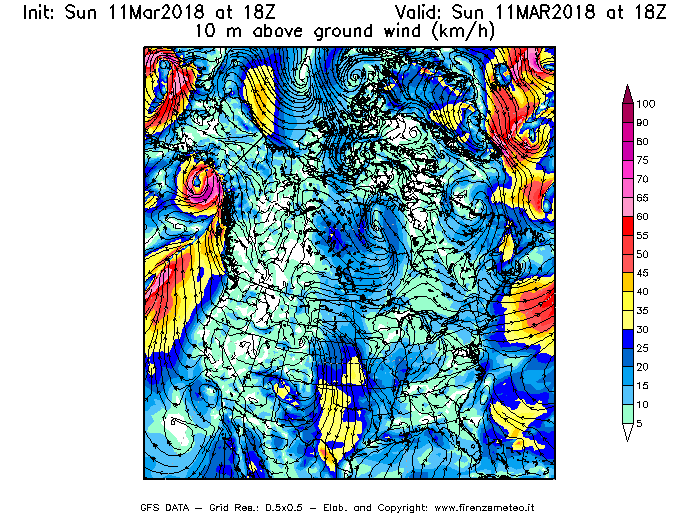 Mappa di analisi GFS - Velocità del vento a 10 metri dal suolo [km/h] in Nord-America
							del 11/03/2018 18 <!--googleoff: index-->UTC<!--googleon: index-->