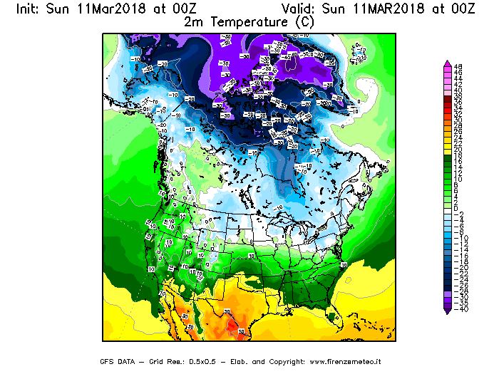 Mappa di analisi GFS - Temperatura a 2 metri dal suolo [°C] in Nord-America
							del 11/03/2018 00 <!--googleoff: index-->UTC<!--googleon: index-->
