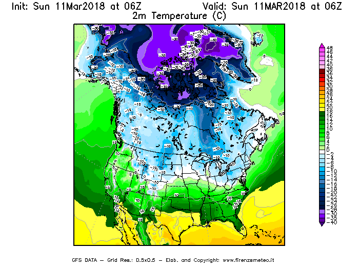 Mappa di analisi GFS - Temperatura a 2 metri dal suolo [°C] in Nord-America
							del 11/03/2018 06 <!--googleoff: index-->UTC<!--googleon: index-->