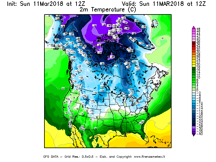 Mappa di analisi GFS - Temperatura a 2 metri dal suolo [°C] in Nord-America
									del 11/03/2018 12 <!--googleoff: index-->UTC<!--googleon: index-->