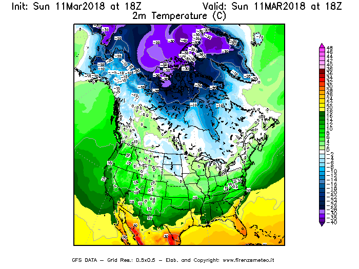 Mappa di analisi GFS - Temperatura a 2 metri dal suolo [°C] in Nord-America
							del 11/03/2018 18 <!--googleoff: index-->UTC<!--googleon: index-->