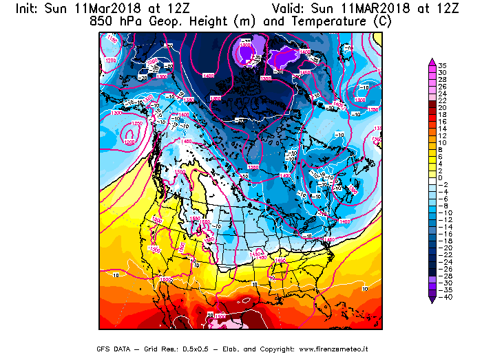 Mappa di analisi GFS - Geopotenziale [m] e Temperatura [°C] a 850 hPa in Nord-America
							del 11/03/2018 12 <!--googleoff: index-->UTC<!--googleon: index-->