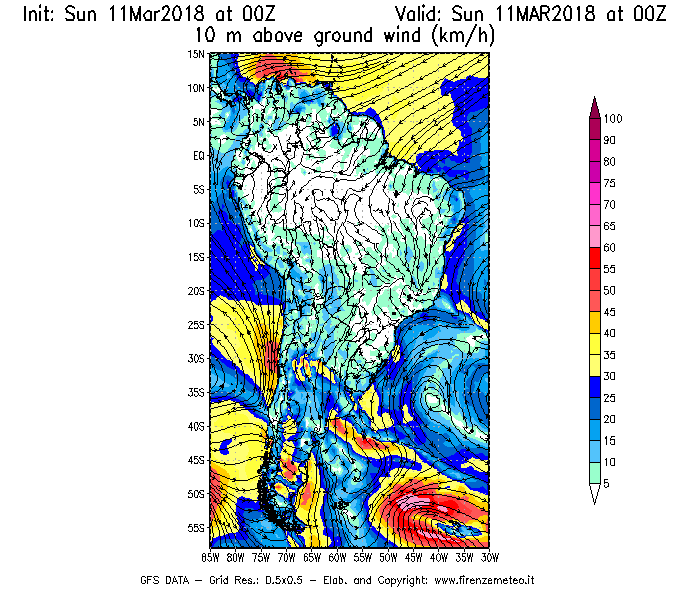 Mappa di analisi GFS - Velocità del vento a 10 metri dal suolo [km/h] in Sud-America
									del 11/03/2018 00 <!--googleoff: index-->UTC<!--googleon: index-->