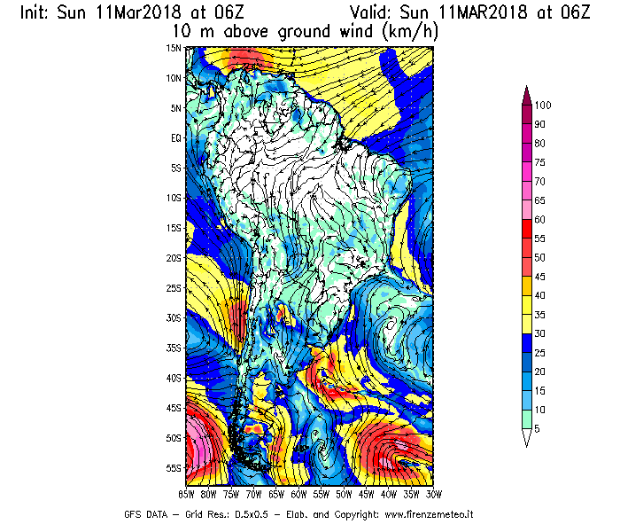 Mappa di analisi GFS - Velocità del vento a 10 metri dal suolo [km/h] in Sud-America
									del 11/03/2018 06 <!--googleoff: index-->UTC<!--googleon: index-->
