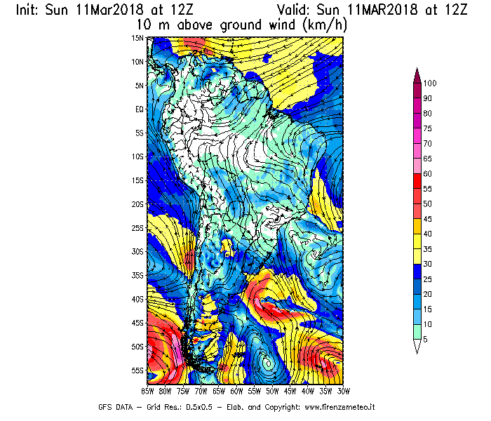 Mappa di analisi GFS - Velocità del vento a 10 metri dal suolo [km/h] in Sud-America
									del 11/03/2018 12 <!--googleoff: index-->UTC<!--googleon: index-->
