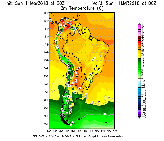 Mappa di analisi GFS - Temperatura a 2 metri dal suolo [°C] in Sud-America
									del 11/03/2018 00 <!--googleoff: index-->UTC<!--googleon: index-->