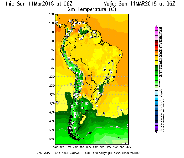 Mappa di analisi GFS - Temperatura a 2 metri dal suolo [°C] in Sud-America
									del 11/03/2018 06 <!--googleoff: index-->UTC<!--googleon: index-->