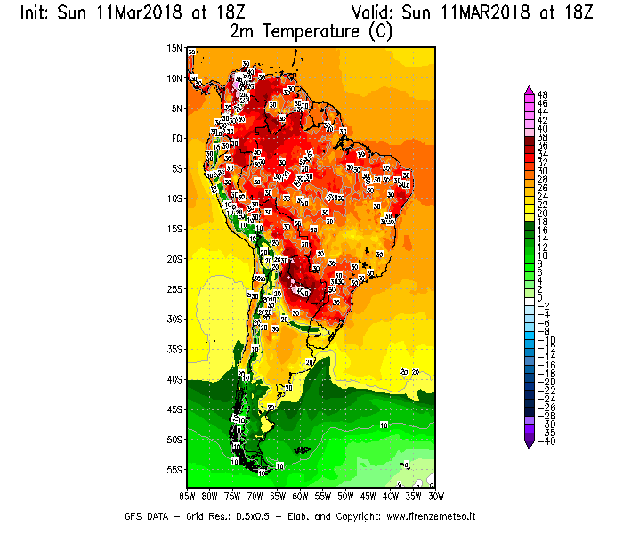 Mappa di analisi GFS - Temperatura a 2 metri dal suolo [°C] in Sud-America
									del 11/03/2018 18 <!--googleoff: index-->UTC<!--googleon: index-->
