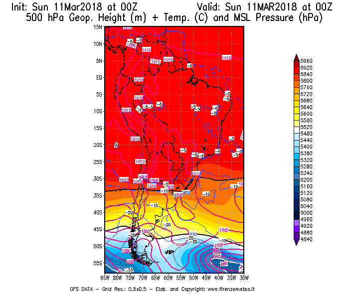 Mappa di analisi GFS - Geopotenziale [m] + Temp. [°C] a 500 hPa + Press. a livello del mare [hPa] in Sud-America
									del 11/03/2018 00 <!--googleoff: index-->UTC<!--googleon: index-->