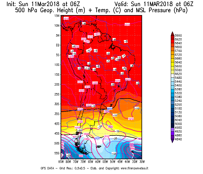 Mappa di analisi GFS - Geopotenziale [m] + Temp. [°C] a 500 hPa + Press. a livello del mare [hPa] in Sud-America
									del 11/03/2018 06 <!--googleoff: index-->UTC<!--googleon: index-->
