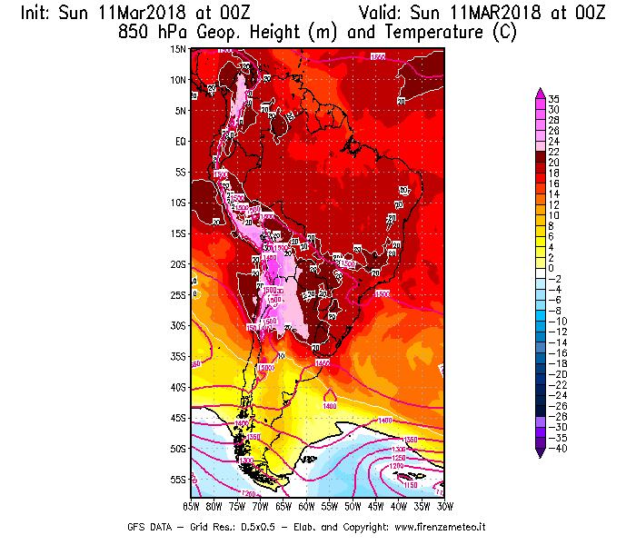 Mappa di analisi GFS - Geopotenziale [m] e Temperatura [°C] a 850 hPa in Sud-America
							del 11/03/2018 00 <!--googleoff: index-->UTC<!--googleon: index-->