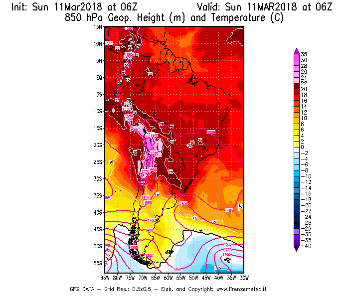 Mappa di analisi GFS - Geopotenziale [m] e Temperatura [°C] a 850 hPa in Sud-America
									del 11/03/2018 06 <!--googleoff: index-->UTC<!--googleon: index-->