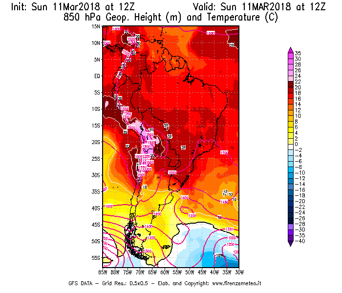 Mappa di analisi GFS - Geopotenziale [m] e Temperatura [°C] a 850 hPa in Sud-America
							del 11/03/2018 12 <!--googleoff: index-->UTC<!--googleon: index-->