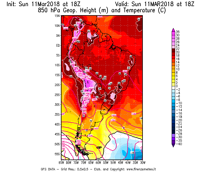 Mappa di analisi GFS - Geopotenziale [m] e Temperatura [°C] a 850 hPa in Sud-America
									del 11/03/2018 18 <!--googleoff: index-->UTC<!--googleon: index-->