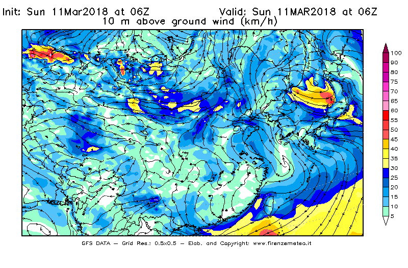 Mappa di analisi GFS - Velocità del vento a 10 metri dal suolo [km/h] in Asia Orientale
							del 11/03/2018 06 <!--googleoff: index-->UTC<!--googleon: index-->