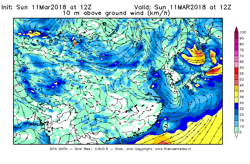 Mappa di analisi GFS - Velocità del vento a 10 metri dal suolo [km/h] in Asia Orientale
							del 11/03/2018 12 <!--googleoff: index-->UTC<!--googleon: index-->