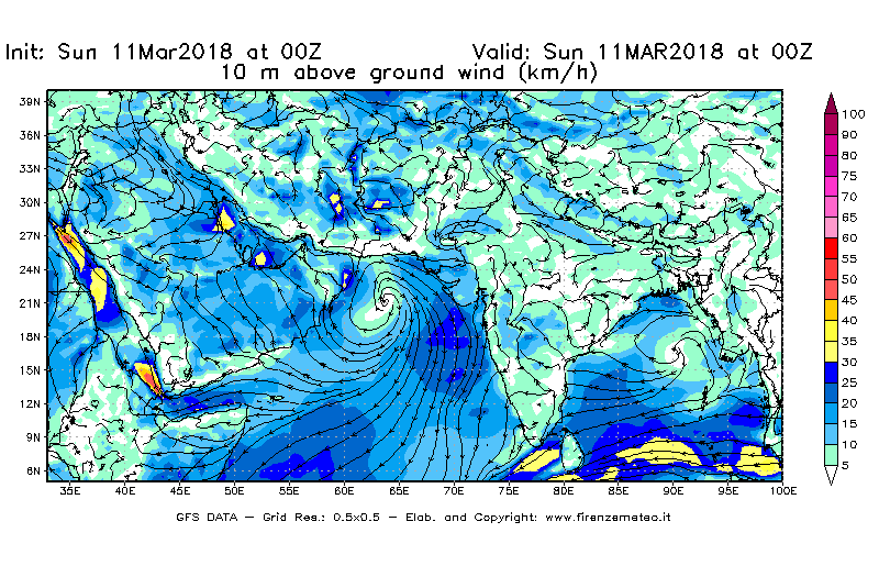 Mappa di analisi GFS - Velocità del vento a 10 metri dal suolo [km/h] in Asia Sud-Occidentale
									del 11/03/2018 00 <!--googleoff: index-->UTC<!--googleon: index-->