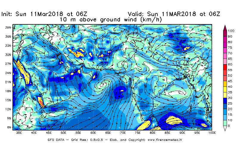 Mappa di analisi GFS - Velocità del vento a 10 metri dal suolo [km/h] in Asia Sud-Occidentale
							del 11/03/2018 06 <!--googleoff: index-->UTC<!--googleon: index-->