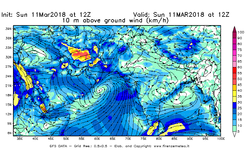 Mappa di analisi GFS - Velocità del vento a 10 metri dal suolo [km/h] in Asia Sud-Occidentale
							del 11/03/2018 12 <!--googleoff: index-->UTC<!--googleon: index-->
