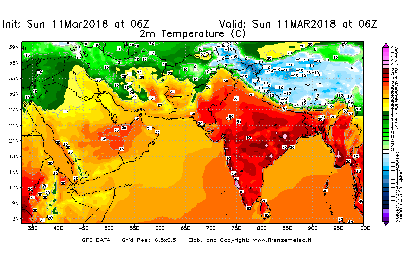 Mappa di analisi GFS - Temperatura a 2 metri dal suolo [°C] in Asia Sud-Occidentale
									del 11/03/2018 06 <!--googleoff: index-->UTC<!--googleon: index-->