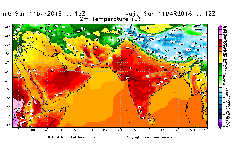 Mappa di analisi GFS - Temperatura a 2 metri dal suolo [°C] in Asia Sud-Occidentale
							del 11/03/2018 12 <!--googleoff: index-->UTC<!--googleon: index-->