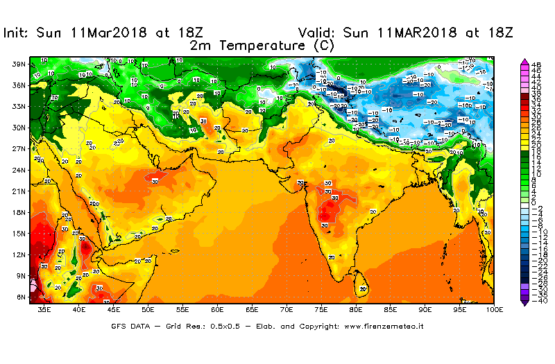 Mappa di analisi GFS - Temperatura a 2 metri dal suolo [°C] in Asia Sud-Occidentale
							del 11/03/2018 18 <!--googleoff: index-->UTC<!--googleon: index-->