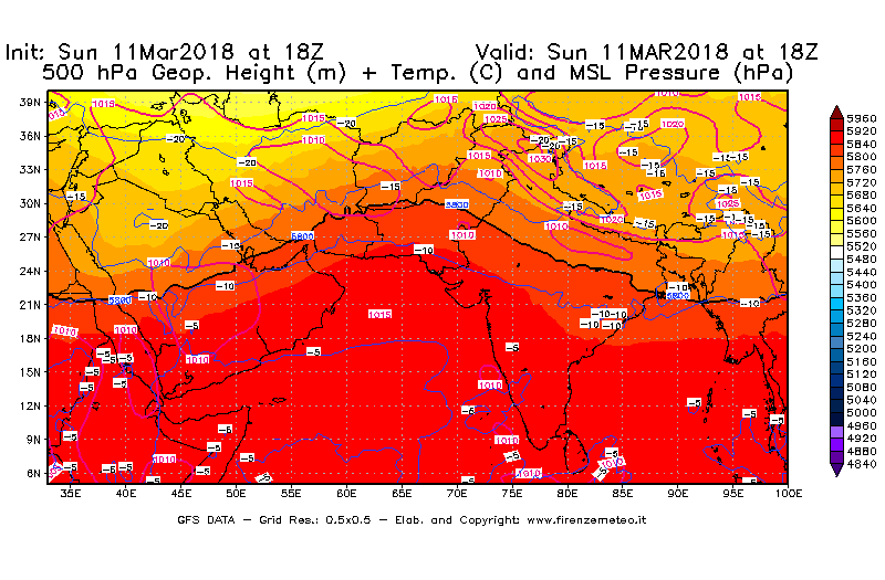 Mappa di analisi GFS - Geopotenziale [m] + Temp. [°C] a 500 hPa + Press. a livello del mare [hPa] in Asia Sud-Occidentale
							del 11/03/2018 18 <!--googleoff: index-->UTC<!--googleon: index-->