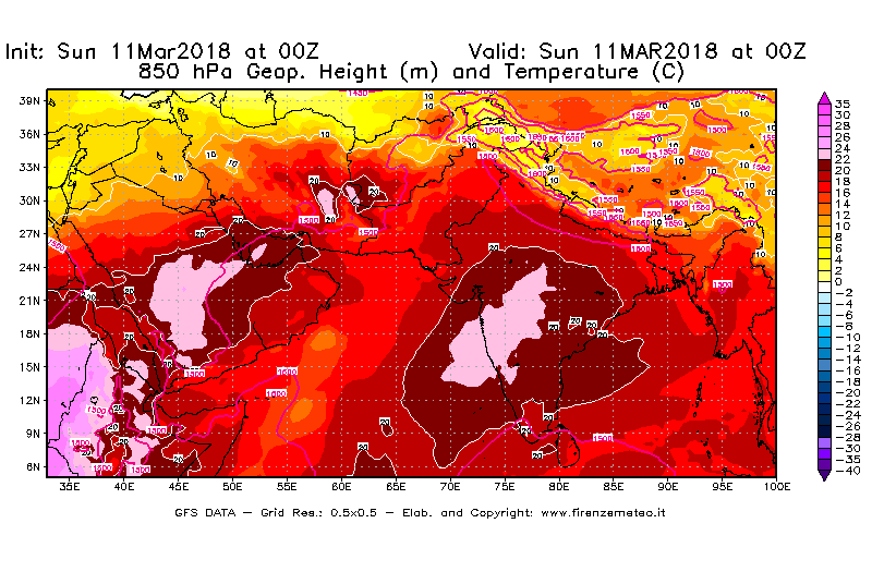 Mappa di analisi GFS - Geopotenziale [m] e Temperatura [°C] a 850 hPa in Asia Sud-Occidentale
									del 11/03/2018 00 <!--googleoff: index-->UTC<!--googleon: index-->