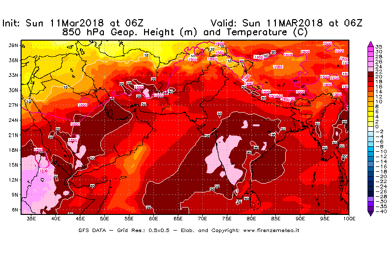 Mappa di analisi GFS - Geopotenziale [m] e Temperatura [°C] a 850 hPa in Asia Sud-Occidentale
									del 11/03/2018 06 <!--googleoff: index-->UTC<!--googleon: index-->
