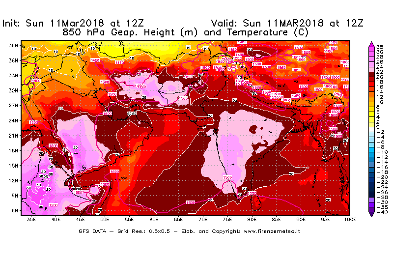 Mappa di analisi GFS - Geopotenziale [m] e Temperatura [°C] a 850 hPa in Asia Sud-Occidentale
									del 11/03/2018 12 <!--googleoff: index-->UTC<!--googleon: index-->