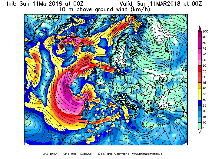 Mappa di analisi GFS - Velocità del vento a 10 metri dal suolo [km/h] in Europa
									del 11/03/2018 00 <!--googleoff: index-->UTC<!--googleon: index-->