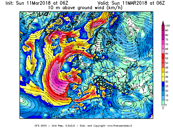 Mappa di analisi GFS - Velocità del vento a 10 metri dal suolo [km/h] in Europa
							del 11/03/2018 06 <!--googleoff: index-->UTC<!--googleon: index-->