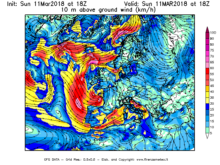 Mappa di analisi GFS - Velocità del vento a 10 metri dal suolo [km/h] in Europa
							del 11/03/2018 18 <!--googleoff: index-->UTC<!--googleon: index-->